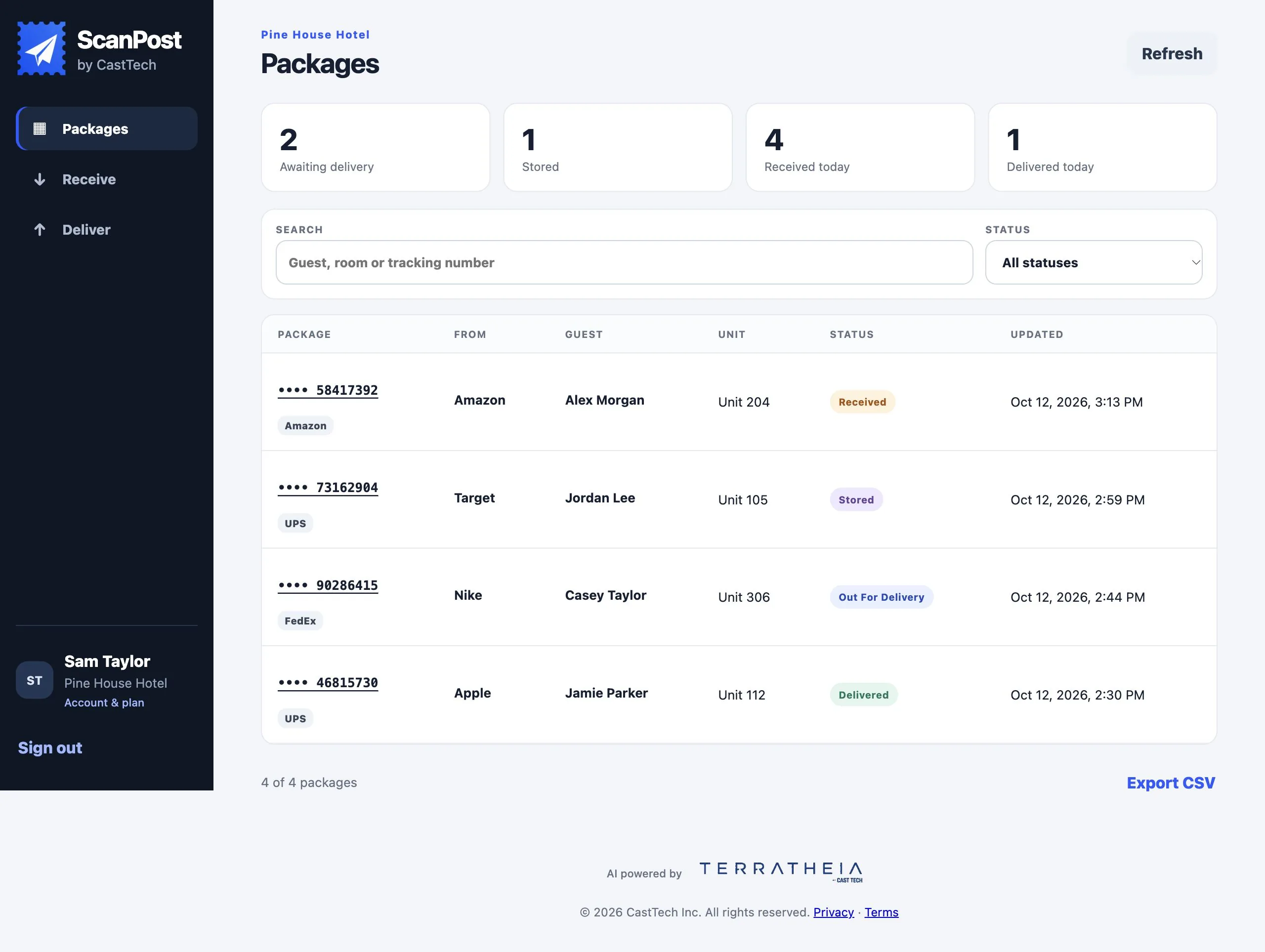 ScanPost Packages page showing sample guests, senders, units and colour-coded parcel statuses. Mobile close-up shows a received Amazon parcel and a stored Target parcel.