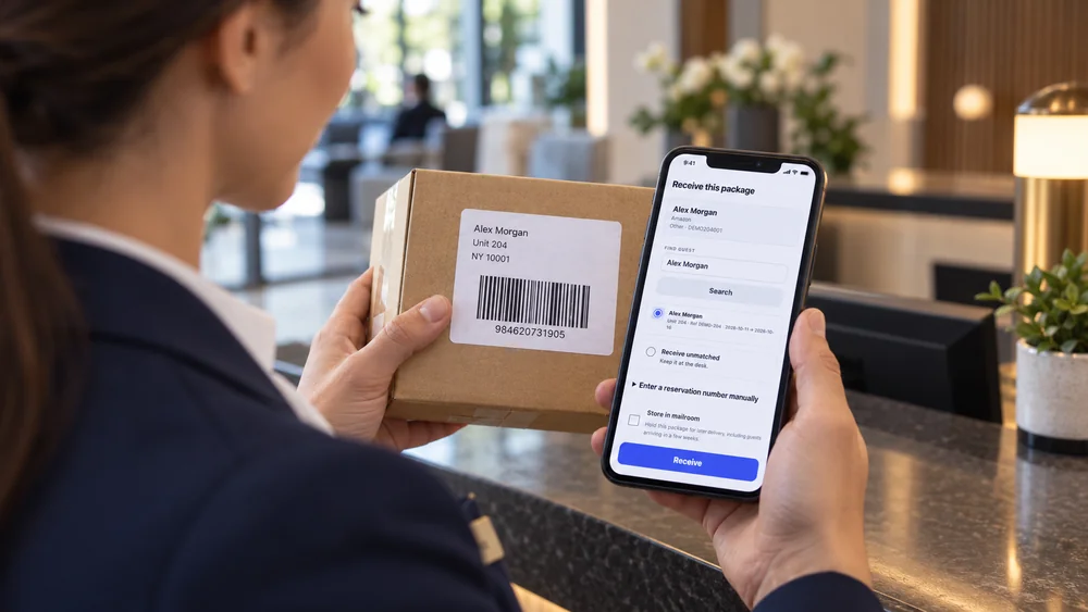 A receptionist reviews the guest and unit on the ScanPost receiving screen.