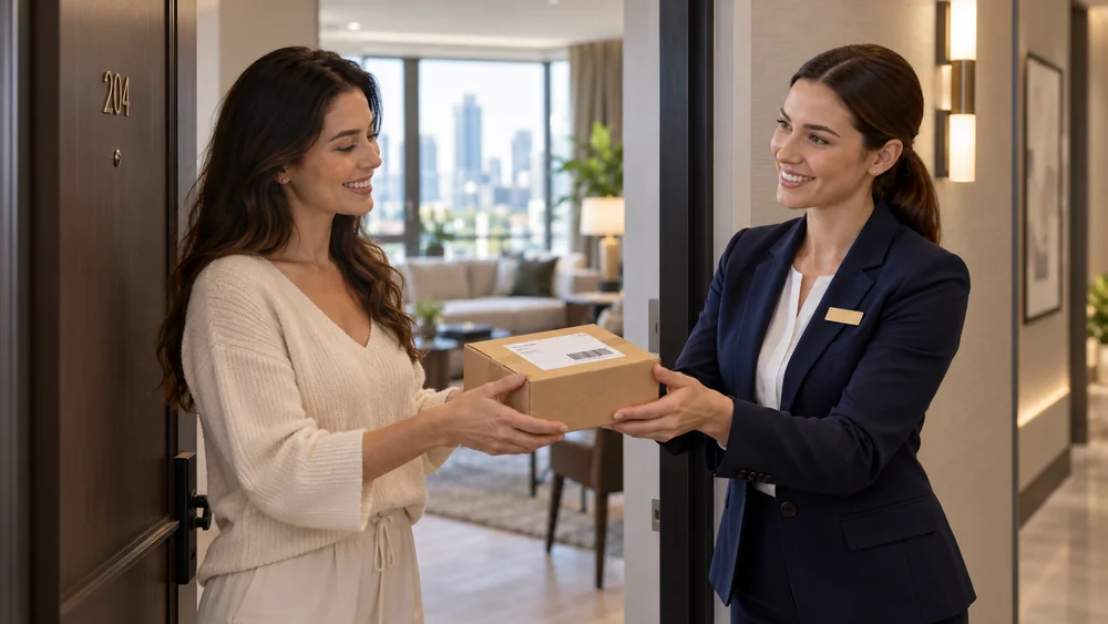 A receptionist hands the parcel to a guest at their door.