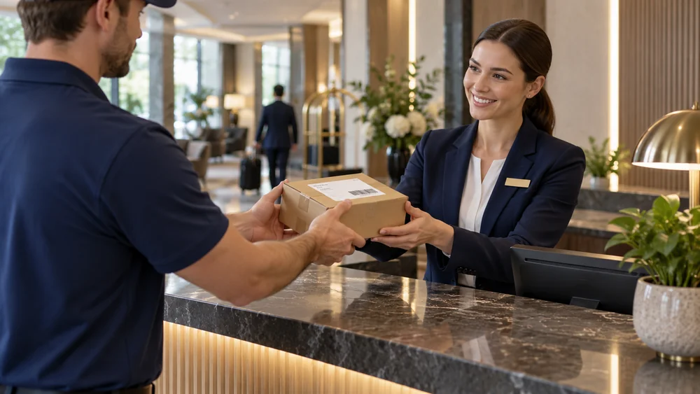 A courier hands a parcel to a receptionist at the front desk.